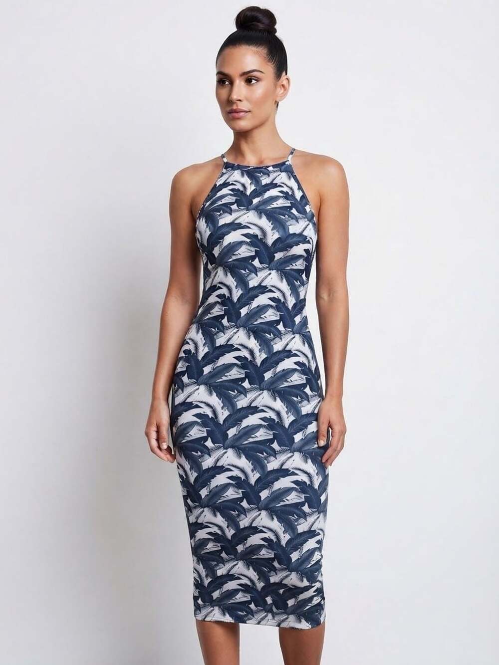 Manners Halter Midi Dress Size S Blue White Palm Leaf Print